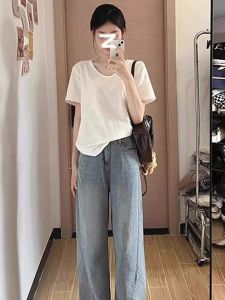 Áo Thun Cotton Tay Ngắn Dáng Rộng Cổ Chữ V Mùa Hè Cho Nữ Áo Thun Cotton Nguyên Chất Màu Trắng Thiết Kế Đơn Giản Thoải Mái