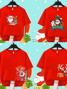 Christmas Theme Loose Fit Short Sleeve T-Shirt Couples Red Christmas Print Top Breathable Cotton Casual Comfortable Tee