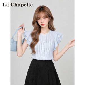 La Chapelle | Striped Lace Trimmed Flounce Sleeve Shirt Women Summer Thin Elegant