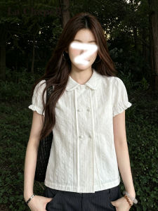 La Chapelle | Polo Collar Double Breasted Summer Blouse Ruffled Peter Pan Collar Puff Sleeves Slim