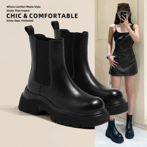 Giày Bốt Martin Da Thật Cho Nữ 2025 Mùa Thu Đông Giày Bốt Chelsea Đế Dày Ống Khói Ngắn Màu Đen Gót Dày