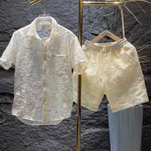 Ga Châu Âu Mới Bộ Lưới Nam Mùa Hè Mỏng Thời Trang Chắc Chắn Thêu Quần Short Quần Đùi Áo Sơ Mi Tay Ngắn Bộ Thời Trang Nam