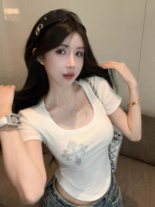 Áo Thun Cotton Tay Ngắn Phong Cách Retro Mỹ Cho Nữ Mùa Hè Thiết Kế Ôm Vừa Vặn Sáng Tạo Tông Màu Đơn Sắc Có Đính Đá