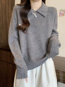 Soft Polo Neck Long Sleeve Sweater Women Early Autumn New Large Size Fat MM New Chinese Style National Style Button up Top Knitwear