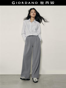High Waist Wide Leg Pants Pleated Commute Hidden Zipper Giordano Womens Casual Trousers Glass Fiber Polyester Aged 25-29