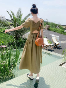 French Style Bubble Sleeve Chiffon Dress Women Summer 2025 New High Design Sense Waist Cinching Backless Long Dress Elegance