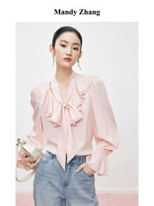 Elegant French Style V-Neck Bow Ribbon Flared Collar Loose Satin Shirt