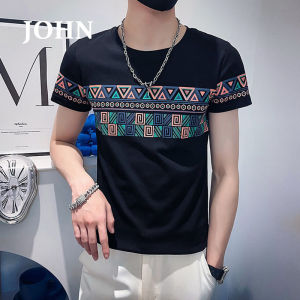 จอห์นเสื้อยืดผ้าฝ้ายแขนสั้นล้วนสไตล์ขนาดใหญ่พิเศษเกาหลีของทรงเพรียวสำหรับผู้ชายเสื้อยืดพิมพ์ลายฤดูร้อนเสื้ออเนกประสงค์แขนสั้นคอกลม