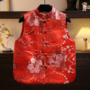 Autumn Winter Womens New Style Cotton Filled Embroidered Kimono Vest Traditional Chinese Cheongsam Button up Top Outerwear