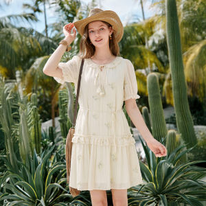 XIANGYING | Flounced Sleeve Short Embroidered Dress