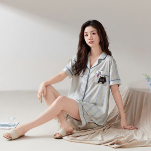 MiiOW | ชุดนอนผ้าไหมน้ำแข็งแขนสั้นฤดูร้อนสำหรับผู้หญิง ชุดนอนแขนยาวลายแมวสีดำน่ารัก ชุดอยู่บ้านไซส์ใหญ่ ชุดอยู่บ้านฤดูใบไม้ผลิและฤดูร้อน