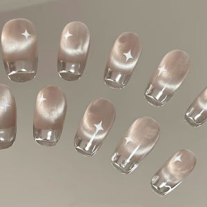 Short medium fake nails for women girls gradient nude pink silver glossy shimmer cat eyes nail tips full cover press on nails