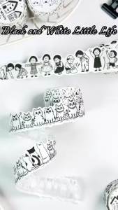 Mr.paper | Mr.Paper 2 Rolls Black & White Scene Washi Tape Cartoon Character Theme Decorative Tape for DIY Journal Scrapbooking Calendar