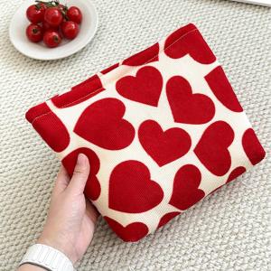 กระเป๋าเครื่องสำอางลายหัวใจขนาดใหญ่ ผ้าลูกฟูก พร้อมเชือกผูก กระเป๋าจัดระเบียบเครื่องสำอางแบบพกพาสำหรับผู้หญิง