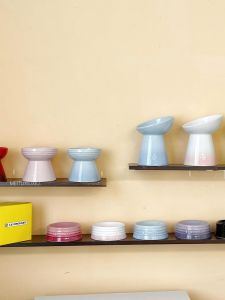 Cool Color Ceramic Pet Bowl with High Feet Slanted Mouth Flat Water Bowl Cat Dog Feeding Tray Neck Protection Anti-Black Chin