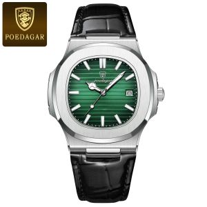 POEDAGAR Top Luxury Square Man Watch Date Waterproof Luminous Men Wristwatch High Quality Leather Mens Quartz Watches+Box Reloj
