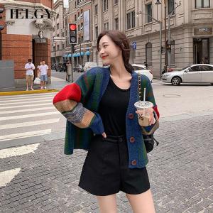 IELGY womens korean style colorblock knitted cardigan short loose top
