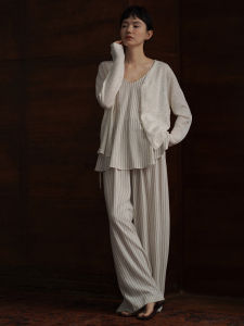 hacikis | Stripe Loose A-line Vest High Waist Slim-fit Wide Leg Pants Set
