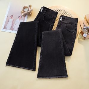 High Waist Bell Bottom Jeans Womens plus Size Double Buckle Elastic Frayed Hem Denim Pants Casual Spring Autumn Cotton Stretch