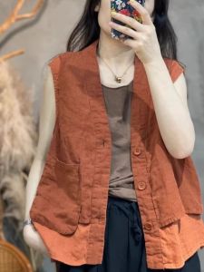 เสื้อกั๊กแขนกุดผ้าฝ้ายลินินสไตล์ย้อนยุคแบบใหม่ ทรงหลวม สไตล์ลำลอง ใส่ได้ทุกฤดูกาล เสื้อคลุมคาร์ดิแกนแฟชั่นสำหรับผู้หญิง