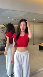 🌈MesubShop🌈เสื้อครอปแขนสั้น ผ้าเปลือกไม้ สวยหรูดูแพงม้าก 🍤รุ่น ครอปน้ำแร่ B-045-1-A