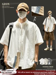 Ice Silk Short Sleeve Shirt Mens Summer Thin Casual Loose Workwear Japanese Style Youth Pop Cool Feeling Polyester Fiber