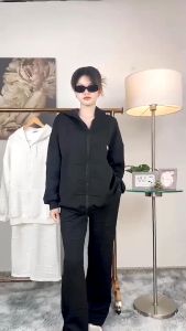 ชุดเซ็ตทรงหลวม ปั้มลายตัวอักษรนูนสไตล์เกาหลี ฮิปฮอป เสื้อแจ็คเก็ตผู้หญิง เสื้อแจ็คเก็ต เสื้อกันหนาวแขนยาวมีหมวก มีฮู้ด TZ92