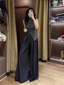 American Style High Waist Pleated Loose Wide Leg Casual Pants Womens Autumn New Fashion Street Style Floor Length Trousers