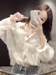 PAIBOLI | Large Size Early Autumn French Style V-Neck Chiffon Shirt Womens Top Korean Commute Style Fashion Design Sense