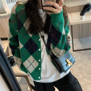 WANGGONGZHU | Color Block Knitted Open Cardigan Womens Spring Autumn Outerwear Loose V-Neck Long Sleeve Retro Sweater Casual Comfortable