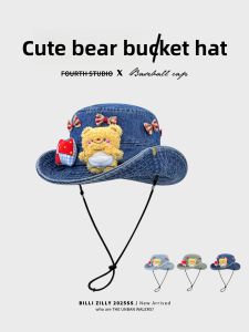 BILLI ZILLY | Adorable Cartoon Bear Bowtie Denim Fisherman Hat Women Summer Wide Brim Face Slimming Sun Protection Hats Sweet Cute Style