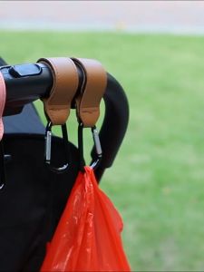 2pcs Stroller Hooks for Hanging Bags and Shopping Black Leather Velcro Hooks Clip