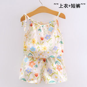 Lightweight Silk Cotton Childrens Summer Set for Girls Home Air Conditioned Wear Short Pants Strap Suit Artificial Cotton