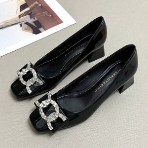 รองเท้าส้นเตี้ยหนัง PU ทรงหัวเหลี่ยมสไตล์เกาหลีสำหรับผู้หญิง ดีไซน์เรียบง่าย สไตล์ธุรกิจ สวมใส่สบาย รองเท้าส้นสูงหัวแหลม