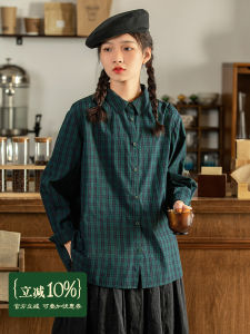 Casual Cotton Plaid Long Sleeve Womens Shirt Spring Season Versatile Pure Cotton Collared Top Green Grid Original Design