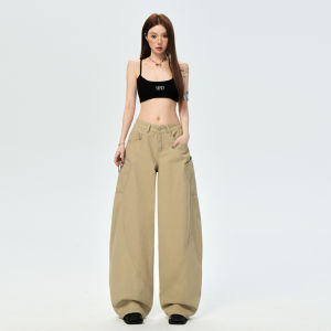 S-4XL กางเกงยีนส์ผู้หญิง กางเกงขายาวทรงหลวม เอวสูง สีกากี ขากว้าง ไซส์ใหญ่ ชุดเอี๊ยมมีกระเป๋า