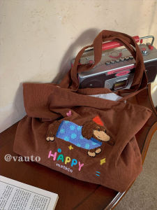 Cute Embroidered Corduroy Tote Bag Big Capacity Sausage Dog Shopping Bag Womens Fashion Canvas Bag Shoulder Bag Handbag