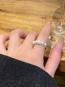 Luxurious Pearl Ring for Women with Row of Diamonds Little Finger Plain Ring Unique Design Fashionable Jewelry Accessory