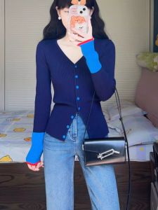 Blue V-Neck Contrast Color Splicing Long Sleeve Knitted Open Cardigan Short Slim Fit Inner Shirt Womens Early Autumn Outerwear