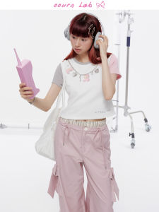 OOURSLAB Original Detachable Summer T-shirt Short Sleeve Cartoon Print Hollow out Back Color Block Womens Top Cotton round Neck