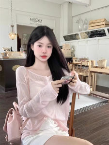 Pink Loose Long Sleeve T-Shirt Womens Autumn Wear Sun Protection Outerwear Thin Style Back Hollow out Belted Lazy Style Top