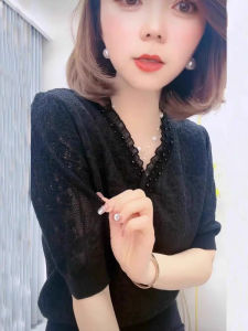 Shalldoer | Design Sensitivity Lace V-Neck Beaded Knit Short Sleeve T-Shirt