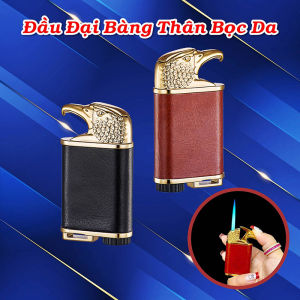 Bật lửa hột quẹt khè đầu đại bàng bọc da nâu đen cao cấp - xài gas
