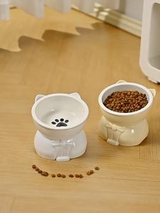 TEA7146 โรคระบาด ชามแมวเซรามิกสัตว์เลี้ยงน่ารักชามเท้าสูงอุปกรณ์สัตว์เลี้ยงสร้างสรรค์เอียงปากป้องกันการให้ทิปอาหารสุนัขให้อาหารอ่างน้