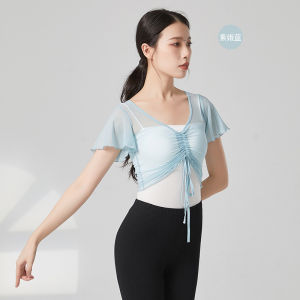Classical Dance Practice Outfit Womens Short Sleeve Drawstring Mesh Top Traditional Han Costume Performance Shirt Yanyin