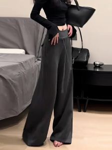 Elegant Deep Grey Drawstring Wide Leg Pants Womens Autumn New Style Slimming Casual Trousers European Fashion High Waist