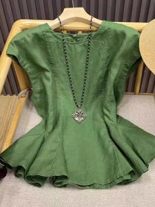 High-End Stylish Green Linen Cotton Sleeveless Shirt Women Summer Large Size Age-Defying Slimming Doll Shirt Top