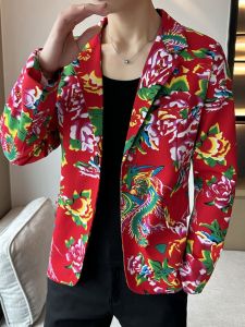 Red Printed Mens Performance Suit Jacket Large Flower Pattern Casual Loose Fit Polyester Fiber Spring Autumn Wear
