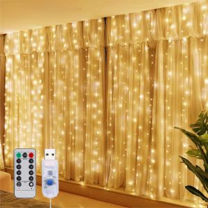 Runtow USB LED Curtain Light String Christmas Room Decoration Remote Control 8 Function Light Garland Wedding Curtain Decor