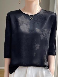 WANGGONGZHU | Acetate Satin Short Sleeve T-Shirt Women Summer New Style Loose Casual Thin Top Chinese New Style Princess Commute Style Pure Color